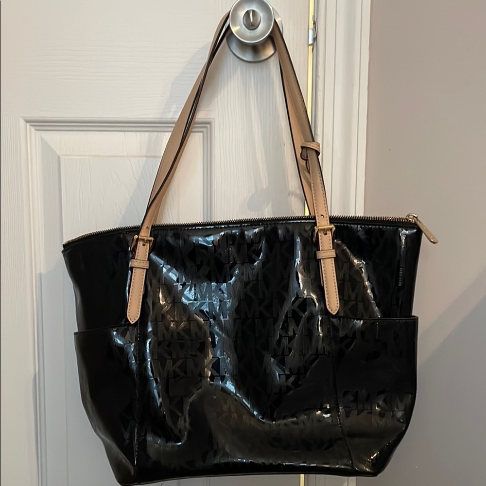 Michael Kors Black and Tan Patent Leather Tote
